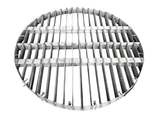 Metal packing support grid is placed on the ground.