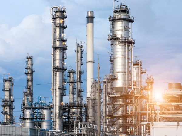 A picture of packed columns taken in the refinery at a sunny day